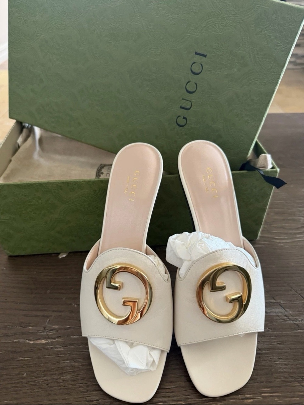 Gucci Cream Leather Slide Mules with Gold Double G